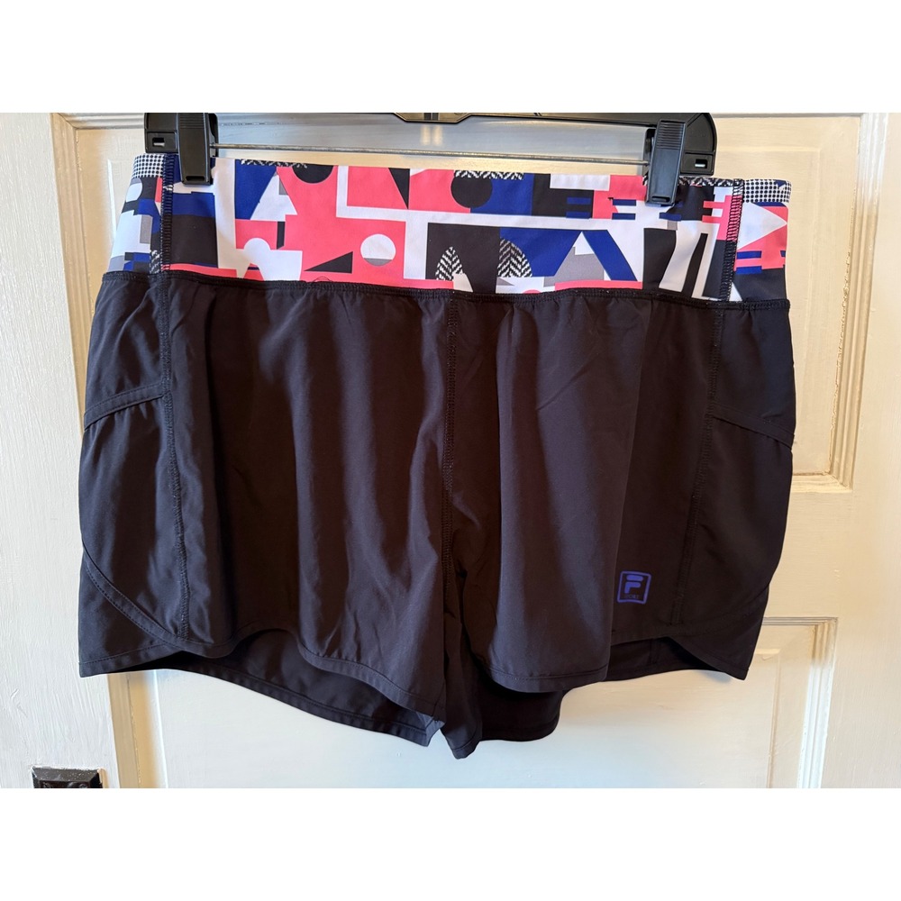 Fila‎ Sport Womens Black Running Shorts Geometric Waistband Pockets Size Large